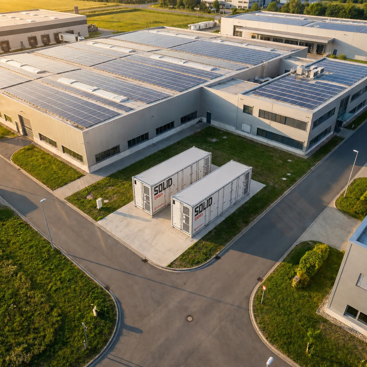 Contentores SOLID.C junto a uma fábrica com parque solar